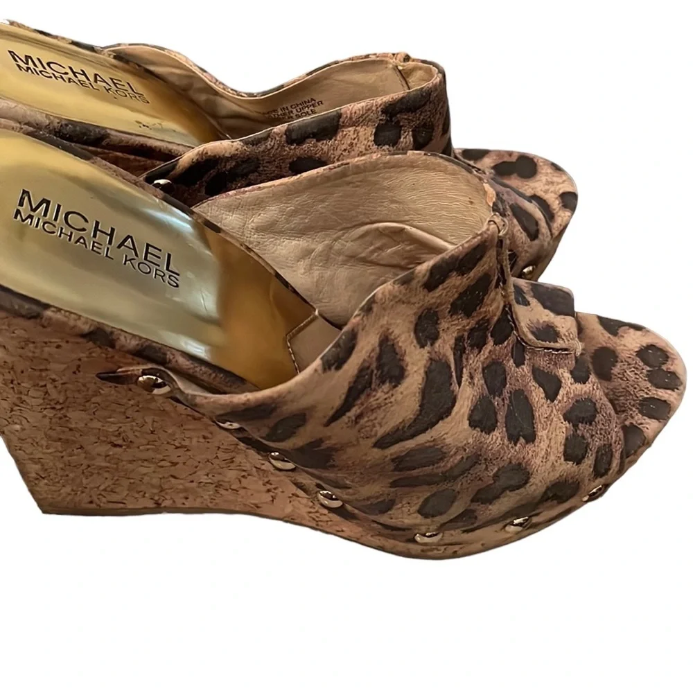 Micheal Kors size 10 leopard print platform wedge cork heel genuine leather